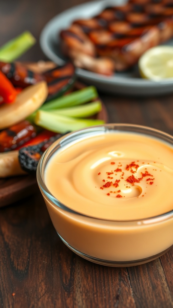 A bowl of creamy Yum Yum sauce with smoked paprika, alongside grilled steak and vegetables.